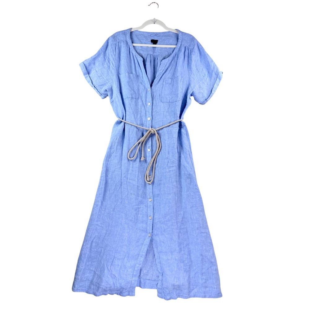 Talbots Linen Dress Women 16W Blue Rope Belt Midi Short Sleeve Casual Summer